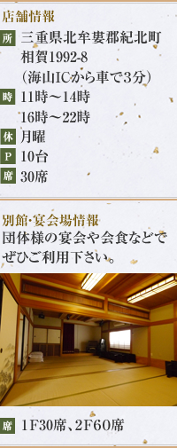 三重県北牟婁郡紀北町相賀1992-8 10時～14時 16時～20時 （日曜は15時～20時） 月曜 10台 30席